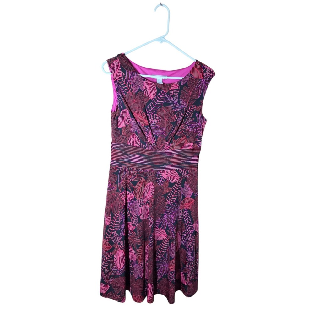London Times Petites Pink Purple Leaf Pattern Stretch Dress Knee Length 8P